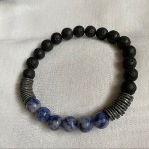 Lava And Blue Glass Bead Stretch Bracelet